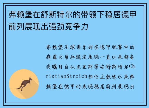 弗赖堡在舒斯特尔的带领下稳居德甲前列展现出强劲竞争力