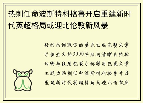 热刺任命波斯特科格鲁开启重建新时代英超格局或迎北伦敦新风暴